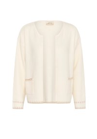 Cardigan crem cu deschidere în față, cu mâneci lungi, țesătură texturată, două buzunare frontale și un model orizontal subtil pe manșete și tiv.