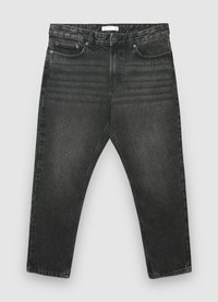 Jean en denim noir avec une coupe droite et ample. Dispose d'un design à cinq poches, d'une fermeture à boutons à l'avant et d'une texture légèrement délavée.