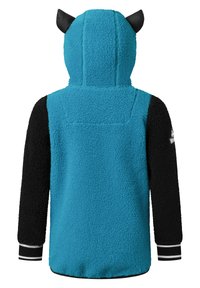 Turkos fleecetröja med svarta ärmar, utrustad med en huva med svarta öroninslag och randiga ribbade manschetter. Mjuk textur, avslappnad design.
