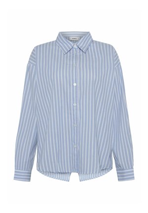 Helehelesinine särk, millel on valged vertikaalsed triibud, pikad varrukad ja klassikaline krae. Pehme, sile materjal, lahti istuv lõige ja ümar helk.