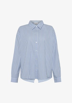 Light blue button-up shirt with white vertical stripes, long sleeves, and a classic collar. Soft, smooth fabric with a loose fit and rounded hem.