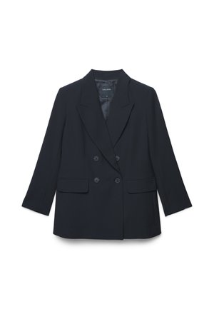 Veste bleu foncé à double boutonnage avec revers crantés. Fabriquée en tissu lisse, elle dispose de deux poches avant et de boutons assortis.