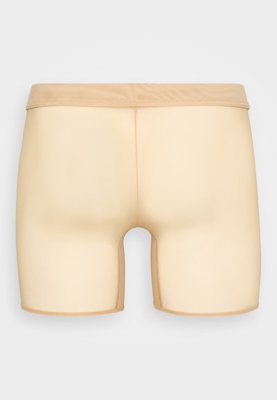 Beige, figurbetonte Shorts mit glatter Textur, ausgestattet mit einem breiten elastischen Bund und einem runden Schnitt an den Beinöffnungen.