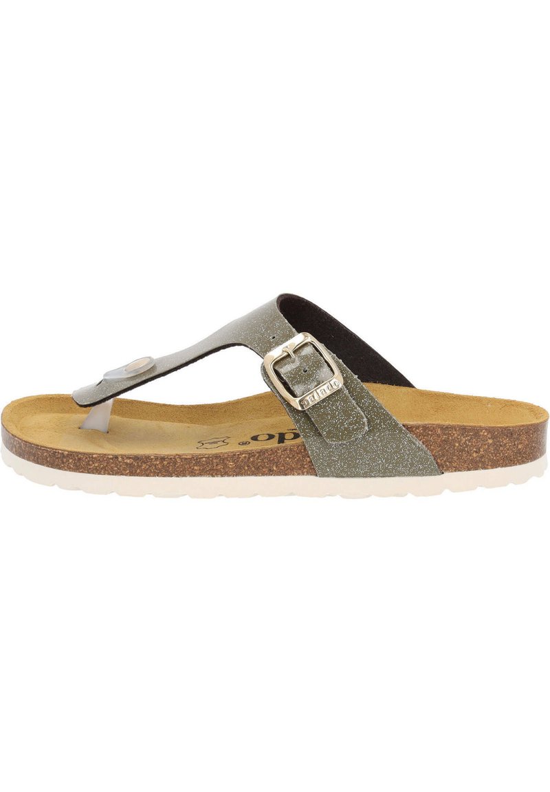 Grå glittrig flip-flop med korkfotbädd, justerbar silverfärgad spänne och vit gummisula. Ytan är slät med metalliska detaljer.
