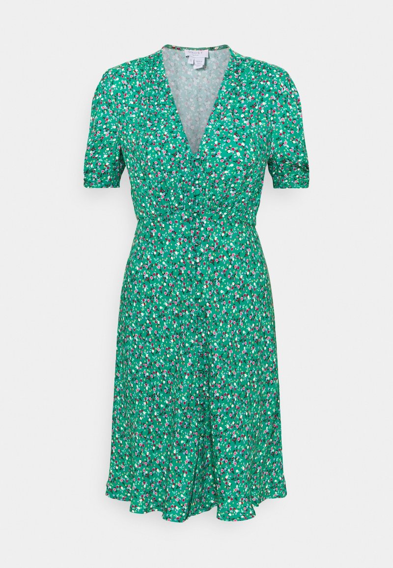 Grünes Blumenkleid mit kurzen Ärmeln, V-Ausschnitt und durchgehendem Knopfverschluss. Besitzt kleine rosa und weiße Blumen auf einem strukturierten Stoff.
