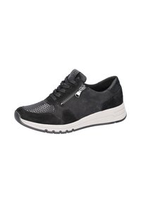 Black sneaker made of suede and textured fabric, with a zip detail, lace closure, and a white cushioned sole.