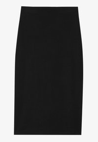 Black pencil skirt made of soft, stretchy fabric. Features a smooth waistband, knee-length design, and no visible patterns or accents.
