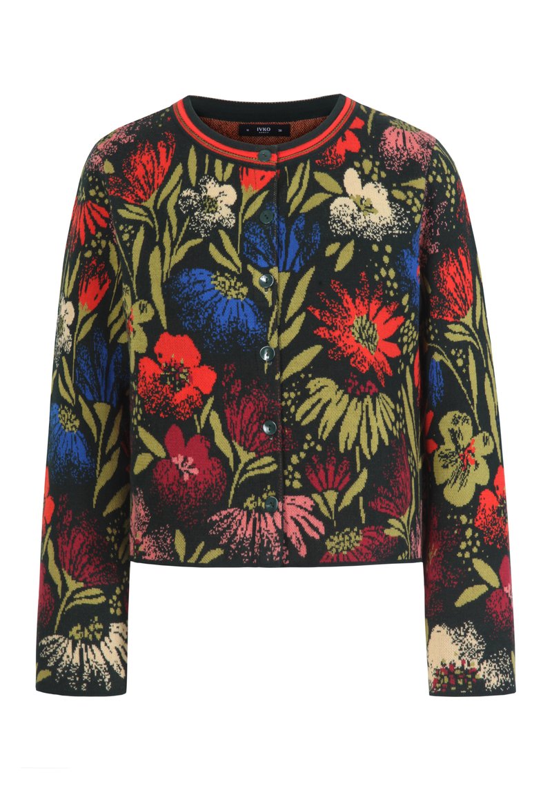 Cardigan floral avec une base noire, présentant des motifs floraux vibrants rouges, bleus et verts. Il a un col rond et cinq boutons.