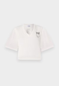 T-shirt bianco corto con scollo a V realizzato in tessuto morbido. Presenta maniche corte e una grafica nera di uccelli sul lato sinistro del petto.