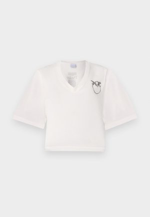 T-shirt bianco corto con scollo a V realizzato in tessuto morbido. Presenta maniche corte e una grafica nera di uccelli sul lato sinistro del petto.