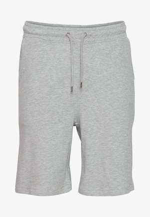 Grå bomuldsshorts med en blød tekstur, elastisk talje og snor. Har diskrete syninger og en længde, der stopper midt på låret.