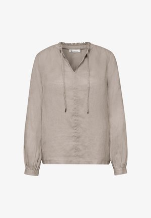 Jasnobeżowa bluzka z długim rękawem, z marszczonymi mankietami, falbankowym kołnierzykiem, dekoltem w serek i wiązaniami ze sznurkiem przy szyi.