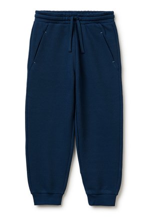Pantalones deportivos azul marino con cintura elástica, cordón, bolsillos laterales y puños acanalados en los tobillos.