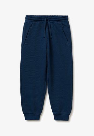 Pantaloni sportivi blu navy con vita elastica, coulisse, tasche laterali e polsini a coste alle caviglie.