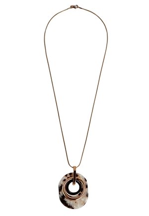Long thin gold chain necklace with a pendant featuring concentric circular rings in tortoiseshell and gold tones.