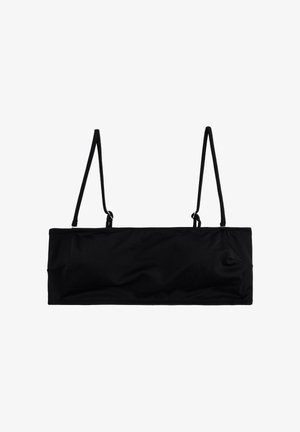 Zwarte bandeau-top met verstelbare dunne bandjes, een gladde textuur, naadloos ontwerp en minimale bedekking. Geschikt voor zwem- of casual kleding.