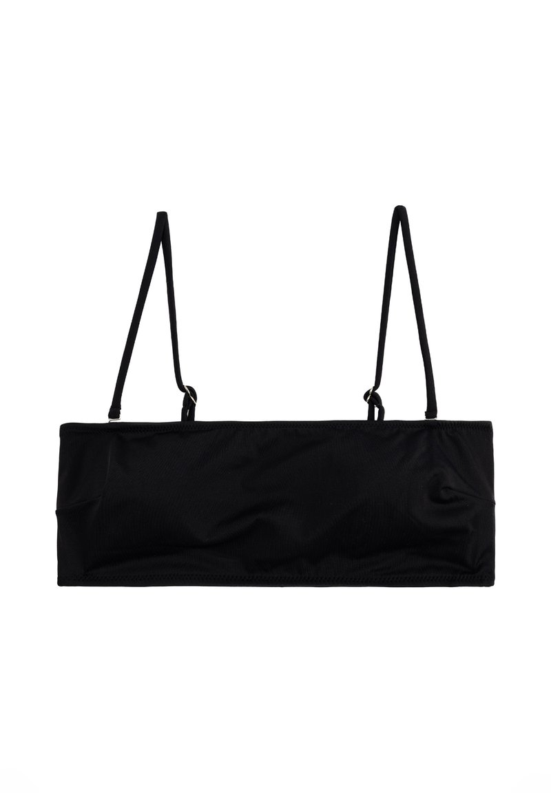 Zwarte bandeau-top met verstelbare dunne bandjes, een gladde textuur, naadloos ontwerp en minimale bedekking. Geschikt voor zwem- of casual kleding.