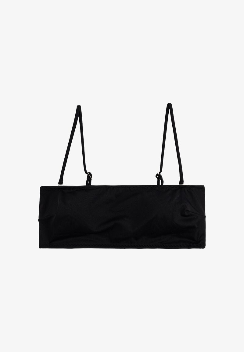 Zwarte bandeau-top met verstelbare dunne bandjes, een gladde textuur, naadloos ontwerp en minimale bedekking. Geschikt voor zwem- of casual kleding.