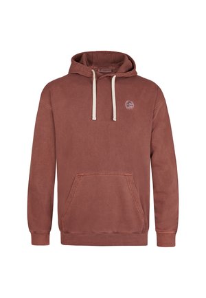 Pullover hoodie in dusty rose color, made from soft fabric. Features a front pouch pocket, drawstring hood, and embroidered logo on the chest.