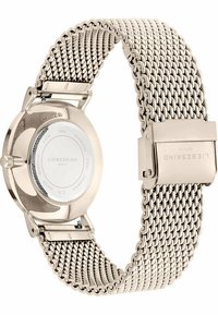 Edelstahl-Uhr mit einem goldenen Maschenarmband, runder Gehäuseform und einem runden weißen Zifferblatt mit Markenlogo und Wasserbeständigkeitskennzeichen auf der Rückseite.