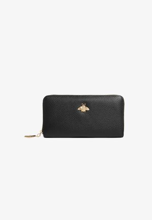 Black leather wallet with a textured finish, featuring a gold bee accent on the front and a zipper closure along the top edge.