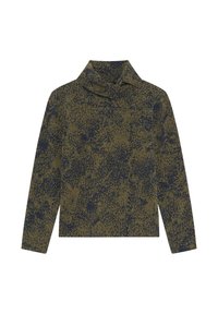 Chemise à manches longues en vert olive avec un motif abstrait bleu marine. Équipée d'un col et d'une coupe décontractée. Texture de tissu douce.