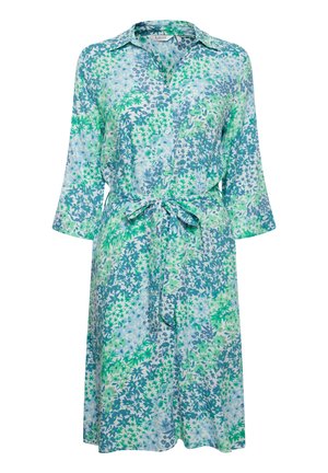 Ziedu raksta krekla tipa kleita zilos un zaļos toņos, ar sasienamu jostu, garām piedurknēm un vieglu audumu ar patīkamu tekstūru.