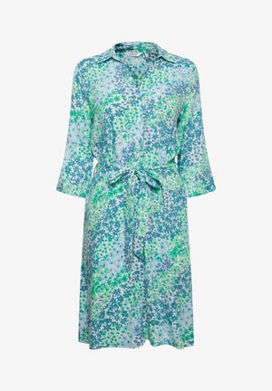 Ziedu raksta krekla tipa kleita zilos un zaļos toņos, ar sasienamu jostu, garām piedurknēm un vieglu audumu ar patīkamu tekstūru.