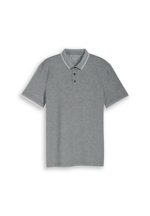 Grijs poloshirt met korte mouwen, drie zwarte knopen en witte bies aan de kraag en mouwranden, weergegeven op een witte achtergrond.