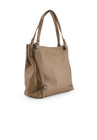 Tan leather tote bag with dual handles, textured surface, and adjustable side straps. Features a small logo accent on the front.