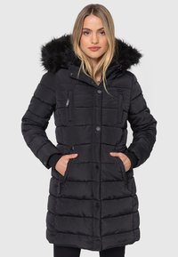 Black puffer coat with a fur-lined hood, quilted design, two front pockets, button closure, and ribbed cuffs. Material appears water-resistant.
