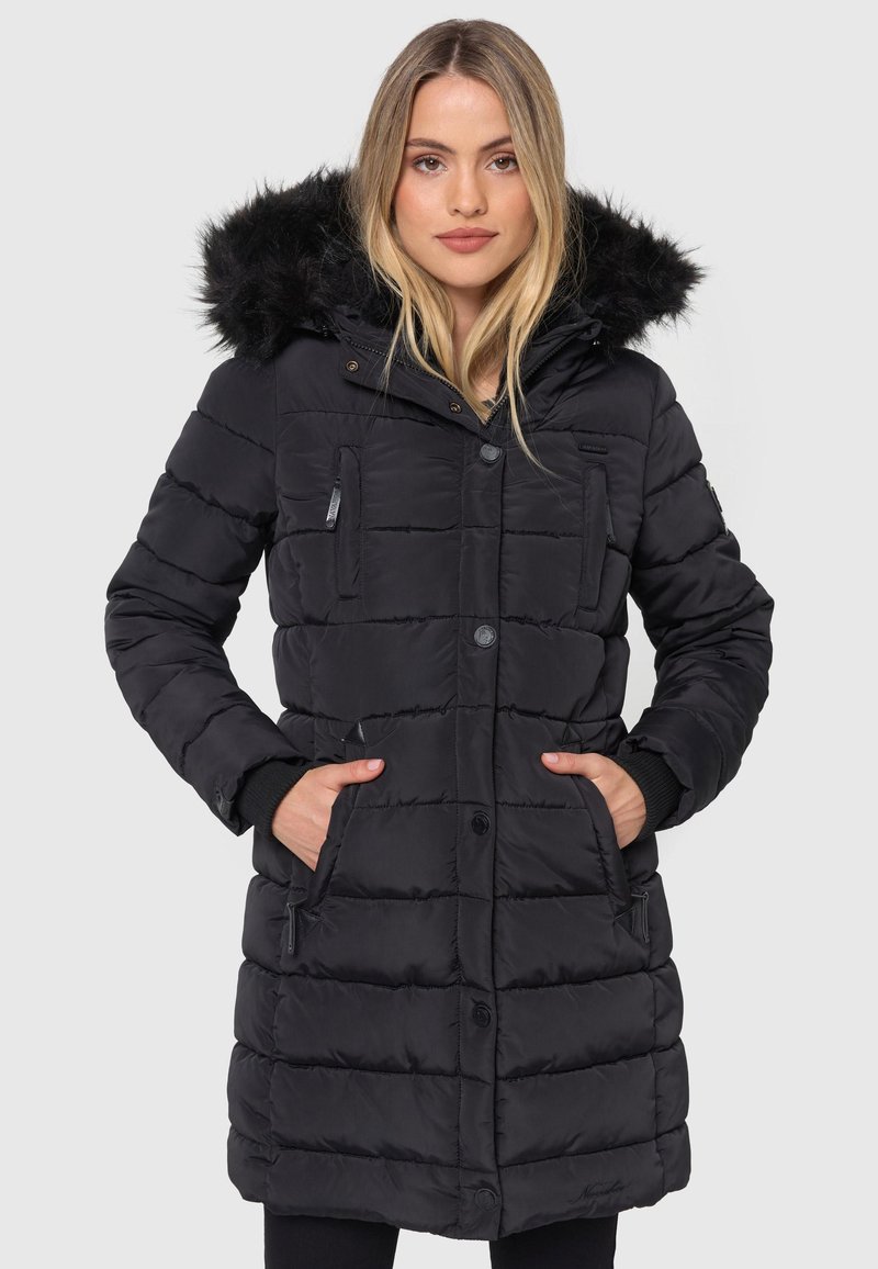 Black puffer coat with a fur-lined hood, quilted design, two front pockets, button closure, and ribbed cuffs. Material appears water-resistant.