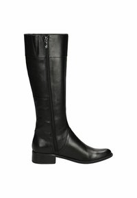 Bota alta de cuero negro con textura suave, cremallera lateral, puntera redondeada y un tacón bajo cuadrado. Ideal para un estilo versátil.