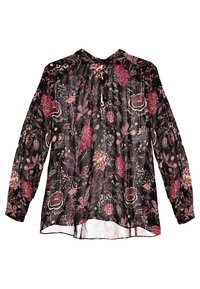 Blusa floreale nera, con maniche lunghe, scollatura a chiave e complessi motivi floreali in rosa e crema. Tessuto leggero.