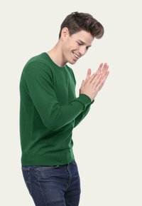 Un pull vert en tissu tricoté doux, avec un col rond et des poignets côtelés, porté avec un jean en denim bleu. Pas de motifs ou de matériel visibles.