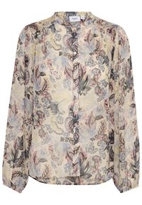 Blommig blus i lätt, genomskinlig tissu. Har flerfärgad blommönster, rund halsringning, knäppning fram och långa ärmar.