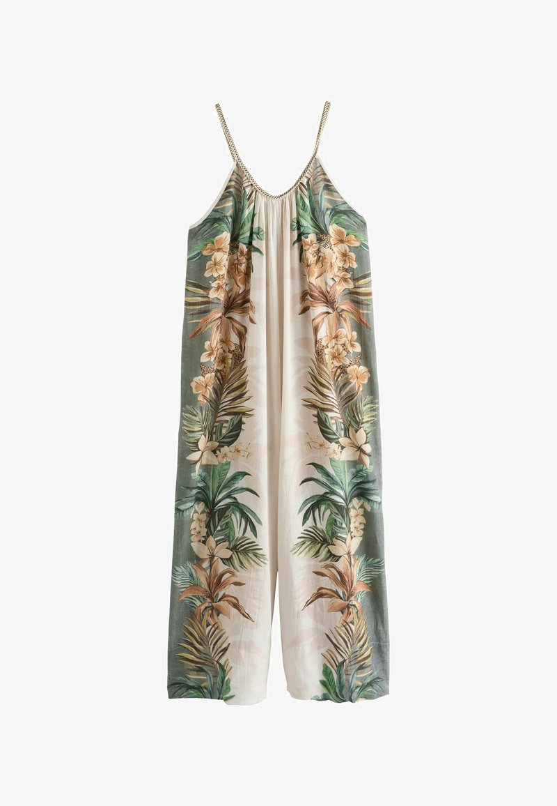 Ärmelloser langer Overall mit dünnen geflochtenen Trägern, verziert mit grünen und braunen tropischen Blumenmustern auf cremefarbenem Stoff.
