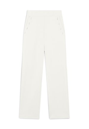 Pantaloni bianchi a gamba larga realizzati in un tessuto morbido, con vita elasticizzata e cuciture decorative sottili lungo le tasche laterali.