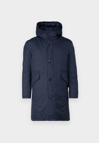 Navy blue puffer coat with a high collar, front buttons, and side pockets. Features water-resistant material and a sleek, modern design.