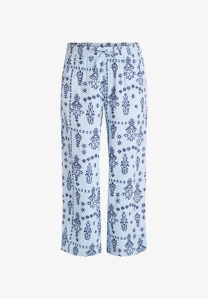 Pantaloni corti azzurri con stampa floreale e geometrica blu navy. Presentano una cintura elastica con coulisse. Tessuto leggero.