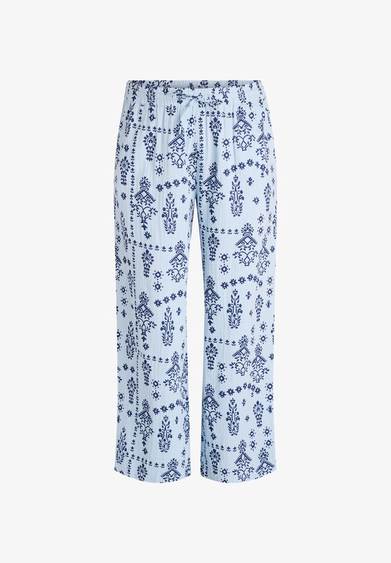 Světlé modré zkrácené kalhoty s květinovým a geometrickým námořnickým vzorem. Mají elastický pas s tkanicí. Lehká tkanina.