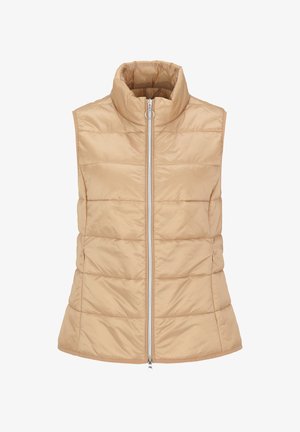 Beżowa kamizelka puchowa z wysokim kołnierzem, zamkiem błyskawicznym z przodu oraz pikowanym wykończeniem. Posiada zapinane na zamek boczne kieszenie i dopasowany krój.
