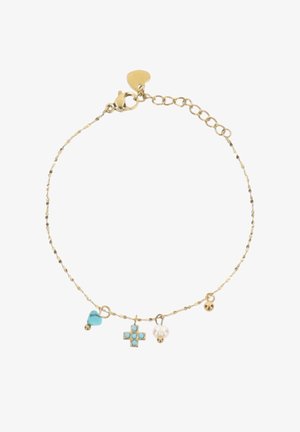 Bracelet délicat en chaîne d'or avec un cœur bleu, une croix turquoise, une perle blanche et de petites breloques en or, ainsi qu'un fermoir en forme de cœur en or.