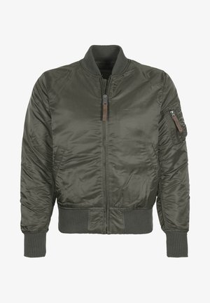 Olivengroene bomberjack met een gladde, glanzende textuur. Voorzien van ribgebreide boorden en kraag, een ritssluiting aan de voorkant en een ritszak op de linkermouw.