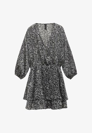 Texturerad svart- och grå djurtryck-klänning med djup V-ringning, lösa halvärmar och lager med volanger i nederkant. Lättviktig tyg.