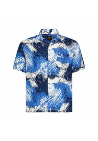 Krátký rukáv, košile na knoflíky s modro-bílým abstraktním vzorem vln a náprsní kapsou, označená značkou Lee, uvolněný střih.