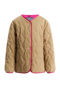 Tan kviltet jakke med pink detaljer, præget af en V-hals, trykknaplukning og bølget mønster på stoffet. Lange ærmer medfølger.