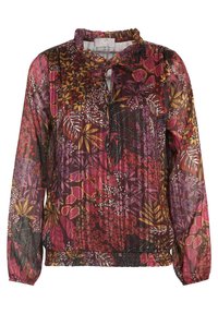 Blusa floreale colorata in tessuto trasparente, con colletto arricciato, maniche lunghe e orlo elastico, caratterizzata da una combinazione di tonalità calde di viola, rosso e giallo.