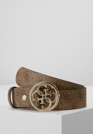 Brown patterned belt with a round gold buckle featuring intertwined letters and the brand name Guess.