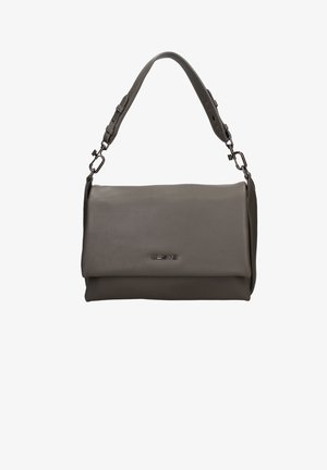 Sac à main en cuir gris avec un design repliable, une sangle ajustable et des garnitures métalliques. Présente un logo de marque discret à l'avant.